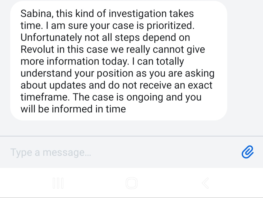 SbyAlexa's tweet photo. This is their general message. They do not have any other answer. It is unbelievable. I want my money back. @RevolutApp is covering scammers and after two weeks, this is what they reply. This is their daily reply. 

 @financialombuds please help!!!! https://t.co/TfJ2jy06KR