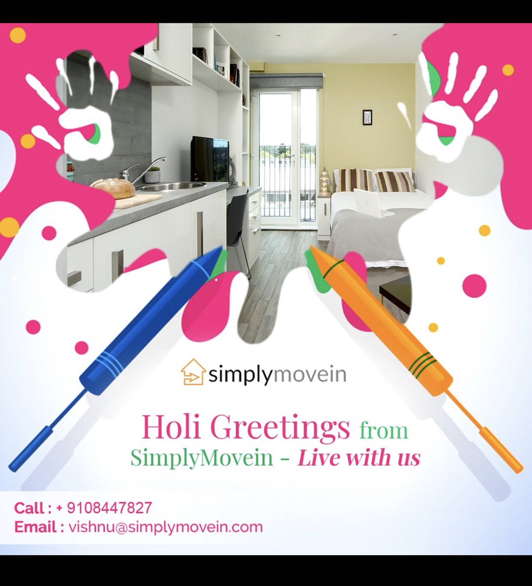 SimplyMoveIn's tweet photo. @SimplyMoveIn wishes Happy Holi to everyone. This holi book your new home for new experiences. Get the best homes in your budget with @SimplyMoveIn. Call us on +91 9108447827 or mail on vishnu@simplymovein.com

#homes #invest #festival #investment #sell #workingspace #work https://t.co/D48qbzq6OH