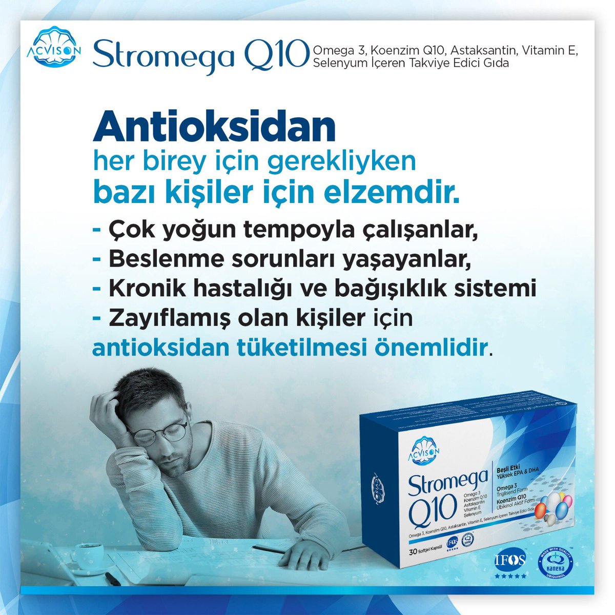 acvison's tweet photo. 💪🏻Stromega Q10; Koenzim Q10, Selenyum, Astaksantin ve E Vitamini gibi güçlü antioksidanlar içermektedir. Ayrıca, Omega-3 (yüksek EPA&DHA) içermektedir.
#acvison #stromegaQ10 #koenzimq10 #astaksantin #selenyum #evitami #kolin #fosfolipid #omega3 #yüksekepadha https://t.co/LitdRZBGFp