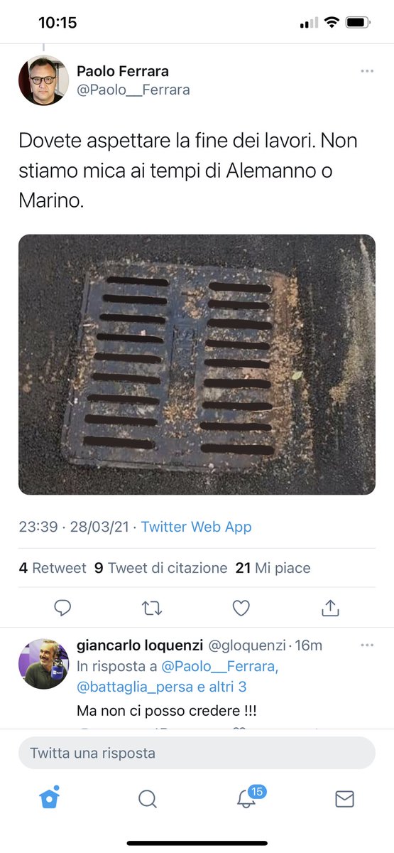GuidoCrosetto's tweet photo. Un cittadino romano segnala un problema, i tombini chiusi dopo l’asfalto tira della strada, pubblicando una foto.
Un Consigliere 5S gli risponde, pubblicando la foto CORRETTA CON PAINT!! 🤦‍♂️ Che livello. https://t.co/nEjY8Qds2L