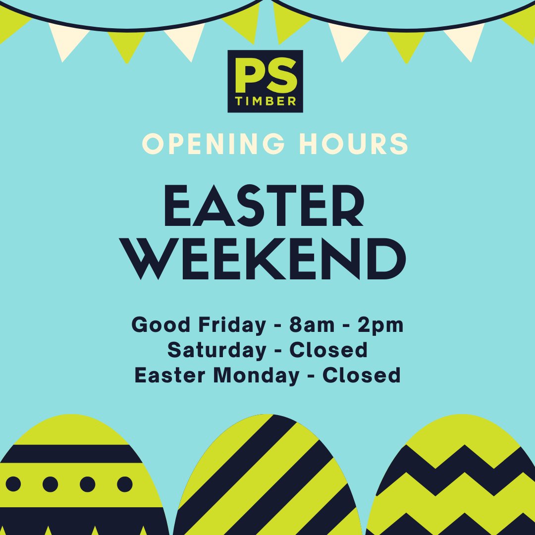 🐣Easter Weekend Opening Hours🐣 
⭐️Good Friday-8am-2pm
⭐️Saturday-Closed
⭐️Easter Monday-Closed for Easter Egg consumption
🚛We will be out delivering orders on Good Friday so if you want to receive your order before Easter-now is the time to place it!
🛒pstimber.co.uk