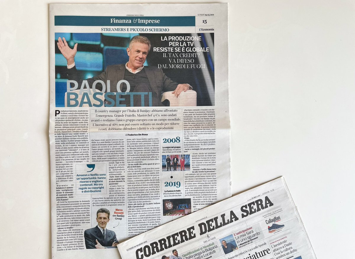 cominandpa's tweet photo. 🗞 Oggi sul @Corriere l’intervista di @00fdr a Paolo #Bassetti, CM di @BanijayItalia, il primo gruppo indipendente nella produzione di contenuti al mondo, sulle sfide imposte dalla pandemia alle produzioni TV e le prospettive per il futuro, tra #streaming e misure economiche https://t.co/49zN9BHGup