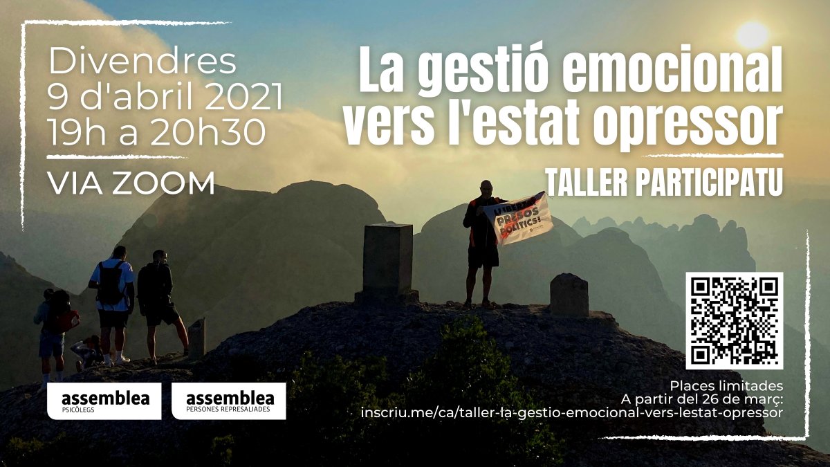 psicolegsanc's tweet image. Taller Via zoom &quot;La gestió de les emocions vers l&apos;estat opresor&quot;. Destinat a oferir eines psico-educatives per a fer front a la repressió de l&apos;estat.Organitzat per les sectorials de psicòlegs i persones represaliades de @assemblea  Divendres 9abril 2021 @psicolegsanc