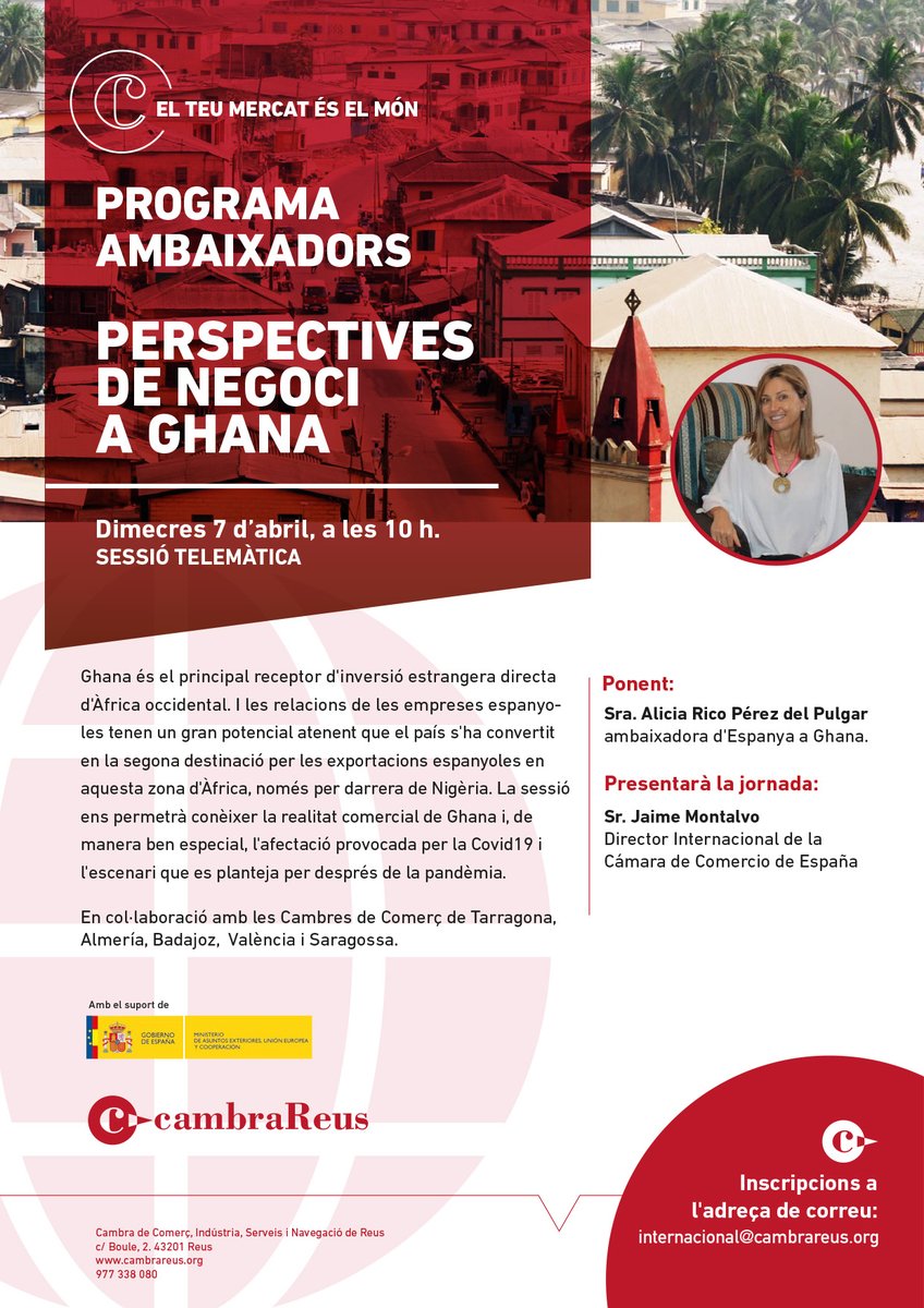 cambrareus's tweet photo. ➡️#Ghana és la propera destinació del #ProgramaEmbajadores de @camarascomercio amb la intervenció de l'ambaixadora Alícia Rico Pérez del Pulgar.
En col·laboració amb @CambraTarragona @CamaraAlmeria @camarabadajoz @camaravalencia i @camarazaragoza . 
🖍️Dimecres 7 d'abril. 10h https://t.co/W0jBJUCcis