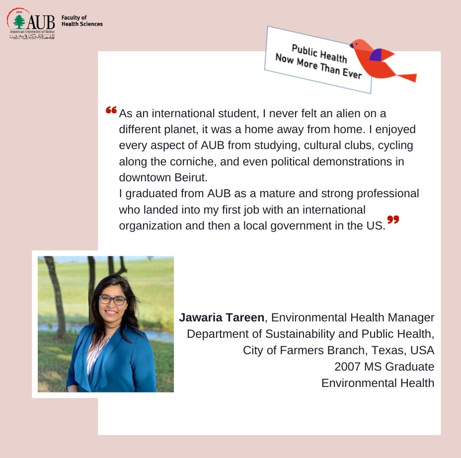 FHS_AUB's tweet photo. Looking to pursue a graduate degree in #PublicHealth?
Check out what FHS alumni have to say about the amazing CEPH_accredited #GraduatePublicHealthProgram! at #FHS, @AUB_Lebanon. Visit us: https://t.co/hHQoBItWXn @rawiibrahim65 https://t.co/jGdH2kDty6