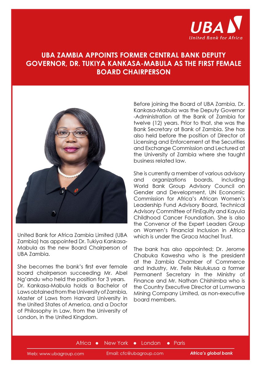 UBA__Zambia's tweet photo. UBA Zambia is proud to announce the appointment of Dr. Tukiya Kankasa-Mabula as the First Female Board Chairperson.
#WomensMonth
#WomenInLeadership
#AfricasGlobalBank
#UBAZambia https://t.co/DNfUIPKAee