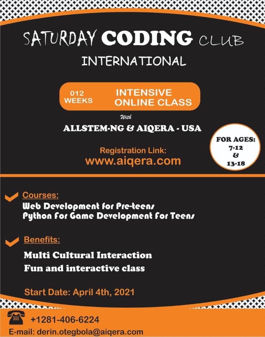 AllstemC's tweet photo. ALLSTEM caters for the Digital literacy of both The young and old.

The Teens in the Diaspora aren’t left out on this amazing offer.
Learn web development and game development today!
Visit the website below to register for our upcoming coding class.
https://t.co/cGR3LH1y87 https://t.co/svCB79Vt5u
