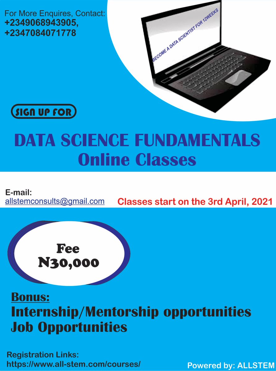 AllstemC's tweet photo. 2WEEKS FREE DATA SCIENCE FUNDAMENTALS CLASS

Learn  data science with Python and become digitally capable!
To Enrol in our Data science Fundamentals class starting this week, simply click on the link below.

https://t.co/Fikrhha9xk https://t.co/pBjg1Zzz9l