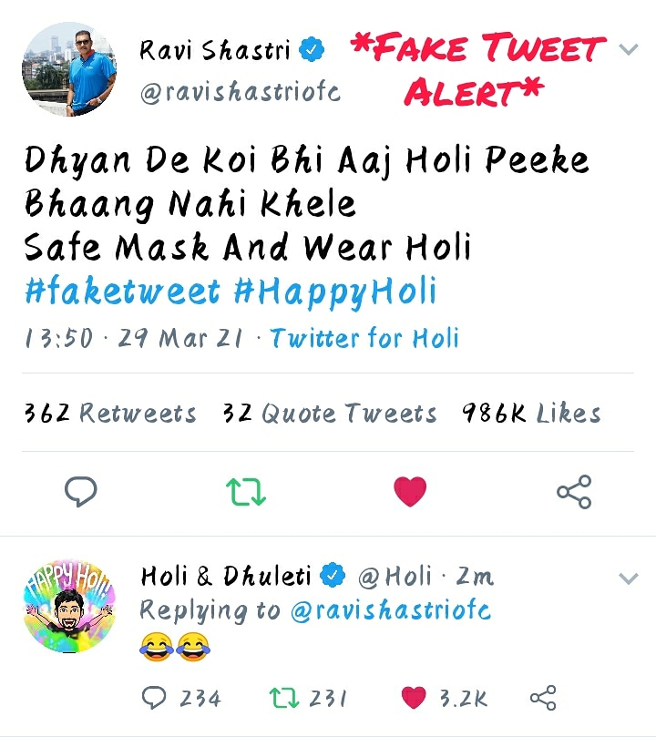 VanshSarcasm's tweet photo. Happy Holi &amp; Dhuleti  😂😂
#FakeTweet #faketweets #faketweetalert 
See Picture 
.
.
.
.
.
.
.
.
.
#trending #memes😂 #memes #ravishastri #vanshsarcasm #bestmemes 
See Picture 👇👇 https://t.co/7hqi6YSeEG