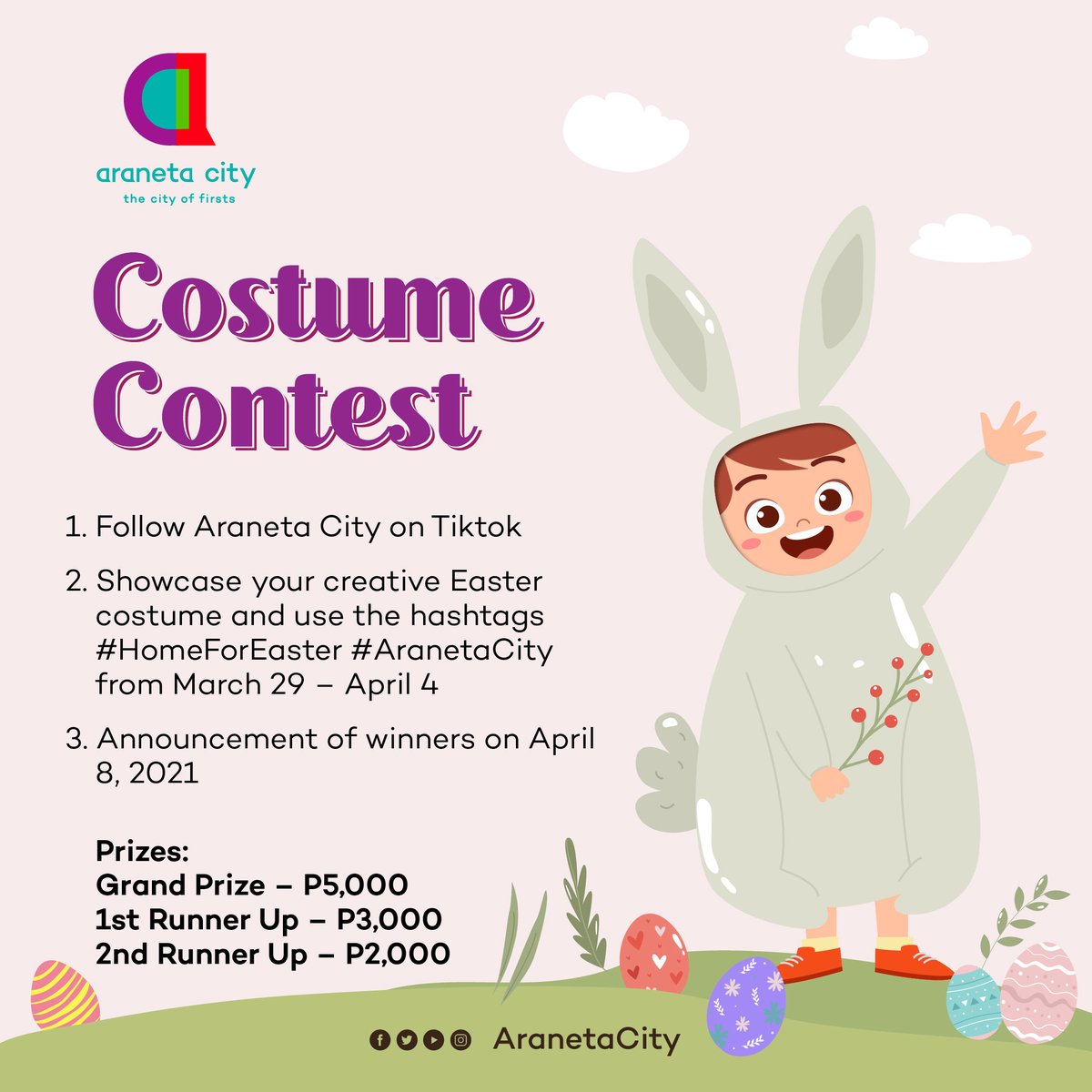 AranetaCity's tweet photo. Let’s celebrate Easter in the comfort of our homes! 

🌸 Costume Contest 
🌸 Egg-ster Painting
🌸Pets At Home 

Full mechanics will be posted very soon so better stay tuned!

#HomeForEaster #CityofFirsts #AranetaCity https://t.co/wJ80rn5Krc