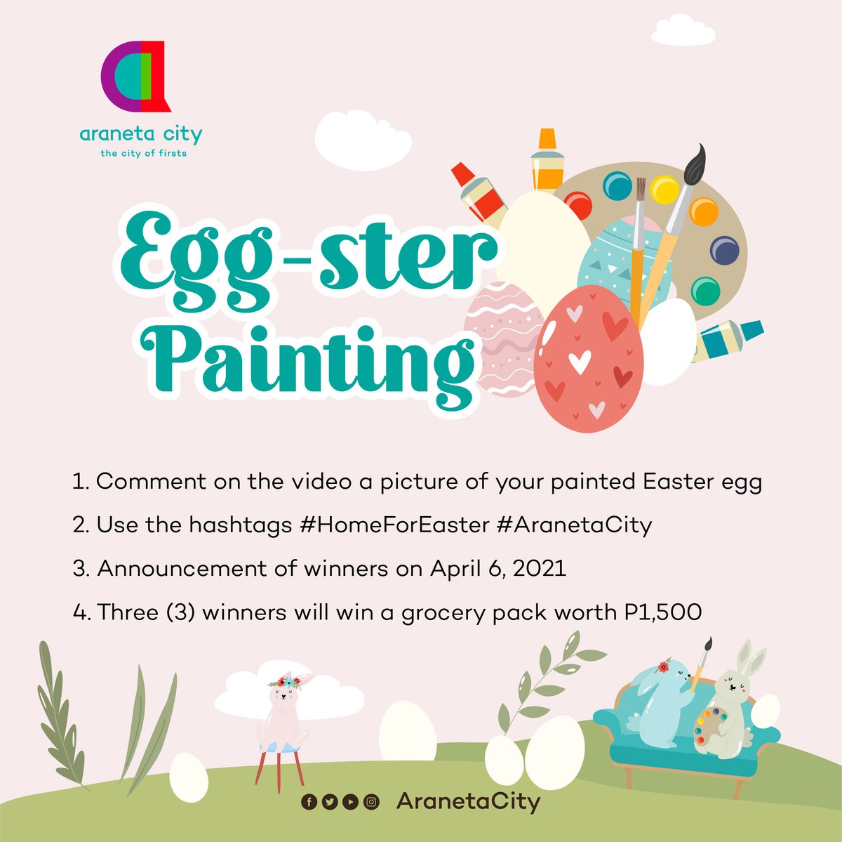 AranetaCity's tweet photo. Let’s celebrate Easter in the comfort of our homes! 

🌸 Costume Contest 
🌸 Egg-ster Painting
🌸Pets At Home 

Full mechanics will be posted very soon so better stay tuned!

#HomeForEaster #CityofFirsts #AranetaCity https://t.co/wJ80rn5Krc