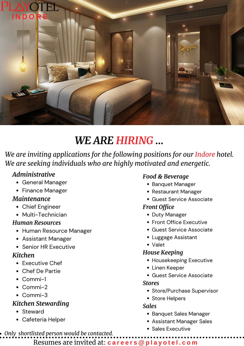 playotelhotels's tweet photo. “We’re Hiring”
Be a part of young and engaging team.
Resumes are invited at- careers@playotel.com
Follow us for more job openings.
#careers #playotel #play #job #indorelocation #indorejobs #indorecity #jobsearch #jobseeker https://t.co/QTpTh7pprE