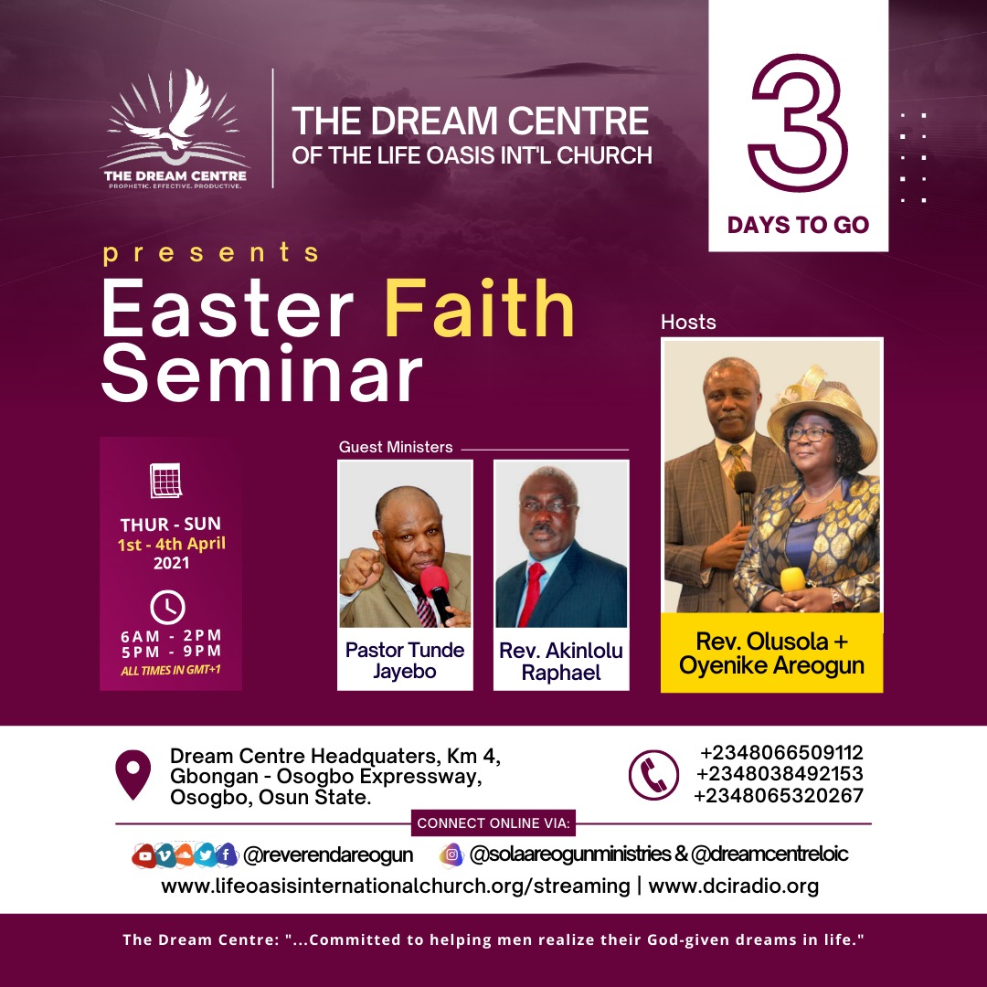 DCYAClub's tweet photo. 3 days to this great move of God on earth! #EFS2021 #EasterFaithSeminar #ReverendAreogun #DCYAClub #Easter https://t.co/XIRtHmcfTU