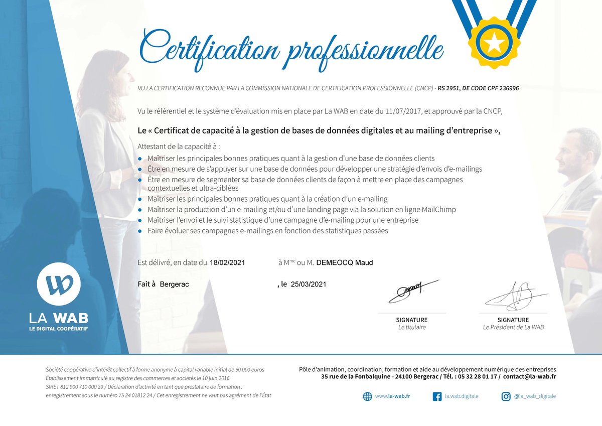 MauDemeocq's tweet photo. 🎓#Certification " Gestion de bases de données digitales et au mailing d'entreprise" par #Beforma : validée ! ☑️
➡ Maîtrise du logiciel : @Mailchimp 🐵

Merci à notre superbe formatrice : Laurene Mazier ❤

Prochaine formation... 🤔 ?

#formationprofessionnelle #emailing https://t.co/hsoa9ZpWn0