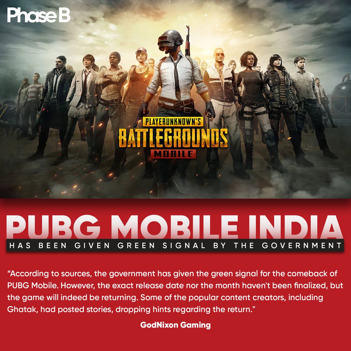 phaseb_in's tweet photo. GodNixon, aka Luv Sharma, a popular PUBG Mobile content creator, has now shared an update that the government has finally approved PUBG Mobile India.
@PUBGMOBILE @PUBG #PUBG #PUBGMOBILE #PhaseBCommunity #PhaseBTweets https://t.co/ObUd3D25W8
