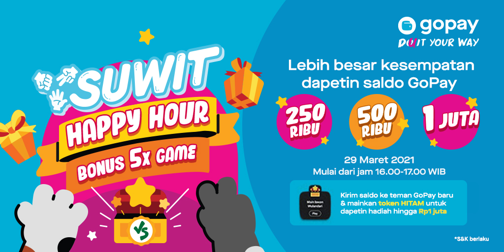 gopayindonesia's tweet photo. Ini, nih, yg udah ditunggu-tunggu, #SuwitHappyHour hari ini bakal dimulai dari jam 16.00-17.00 WIB, ya.
Yok ajak teman GoPay baru kamu buat main Suwit, dan dapetin token warna hitam buat dapet nilai saldo GoPay yg lebih besar, sampai dengan sejuta! https://t.co/m2kyzCmh9j