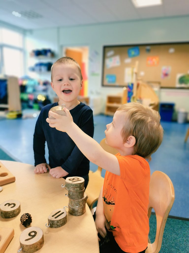NurserySmos's tweet photo. A lovely moment between D & L. L was asking D what each number was, then saying to D "Well done". #numeracy #successul #skills #exploringnumbers #friendship @EarlyYearsNLC https://t.co/MV0LmiPykl