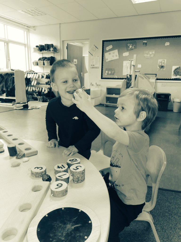 NurserySmos's tweet photo. A lovely moment between D & L. L was asking D what each number was, then saying to D "Well done". #numeracy #successul #skills #exploringnumbers #friendship @EarlyYearsNLC https://t.co/MV0LmiPykl