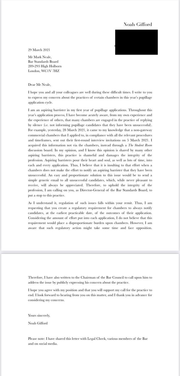 noahgifford's tweet photo. Today, I have written to the Chairman of the Bar Council @BarCouncilChair and the Director-General of the BSB @barstandards, calling on them to put a stop to the practice of replying by silence in pupillage applications. Please see my letters bellow. https://t.co/1BA5PYXocF
