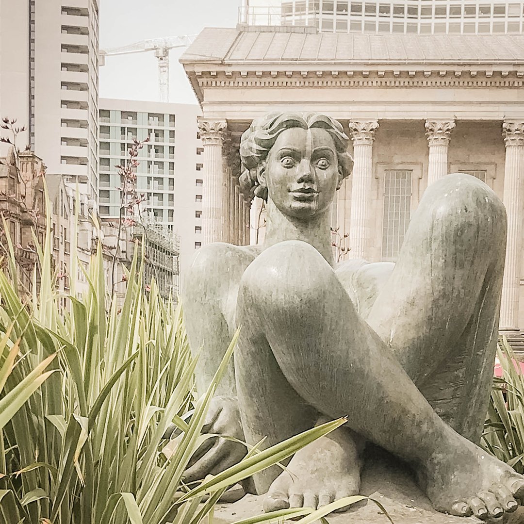The River, locally known as the Floozie in the Jacuzzi,  sculpture by Dhruva Mistry, 1993. Located in Victoria Square, Birmingham, it is also a fountain - one of the largest in Europe - with a flow of 3,000 gallons per minute.