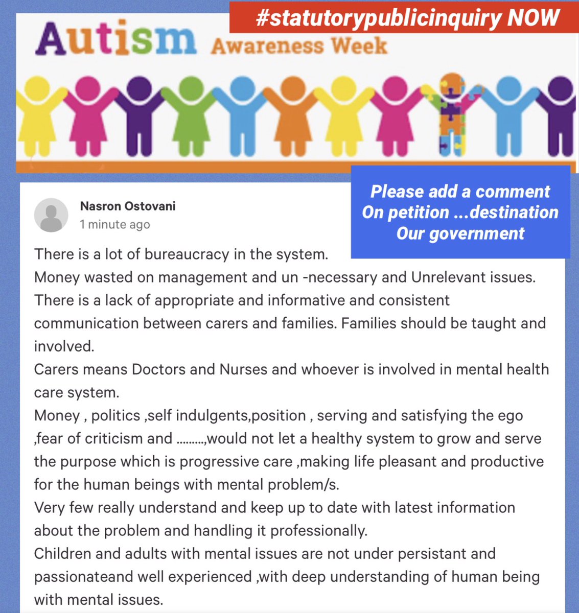 #WorldAutismAwarenessWeek Week ~ SEND and Mental Health communities have united. 

Ur time to have ur say :-
Join the discussion
👇👇👇
chng.it/97zsT9tM 
👆👆

@isaac_turing <a href="/Autiquest/">Centa Co ~ AutiQuest</a> <a href="/autisminjustice/">Autism Injustice</a> <a href="/autcareandshare/">Autism care and share</a> <a href="/autisout/">Autism-Is-Out</a> <a href="/hodgejonesallen/">Hodge Jones & Allen</a> <a href="/Allchanges/">Changes</a> <a href="/acook172/">Amanda Cook</a>
