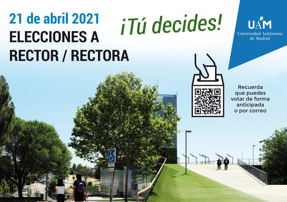 UAM_Madrid's tweet photo. El 21 de abril elegiremos a nuestro próximo rector o rectora.  
Recuerda que puedes ejercer tu derecho a voto de forma anticipada o por correo. 

¡Participa para hacer oír tu voz! 

👉 https://t.co/puAJqmOvQW

#EleccionesUAM #SomosUAM #UAM https://t.co/t7Qr2eHhXn