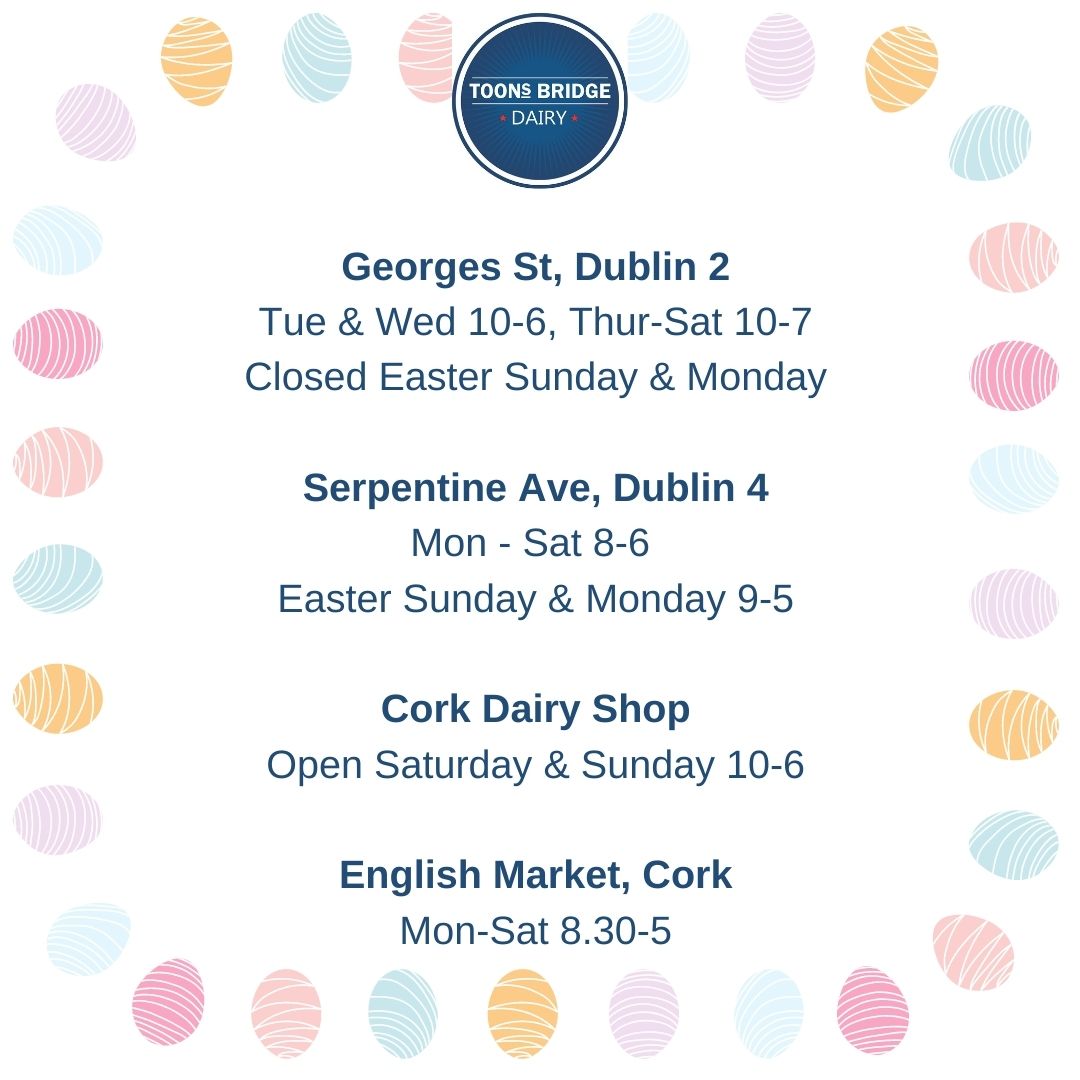 ToonsBridge's tweet photo. It's Easter week - how did that happen?
We hope you have some good feasting planned π
Here are our opening times for Easter π° we're really looking forward to opening the Cork Dairy shop again this weekend! #easter #irishfood #toonsbridge https://t.co/P2FBameBpG