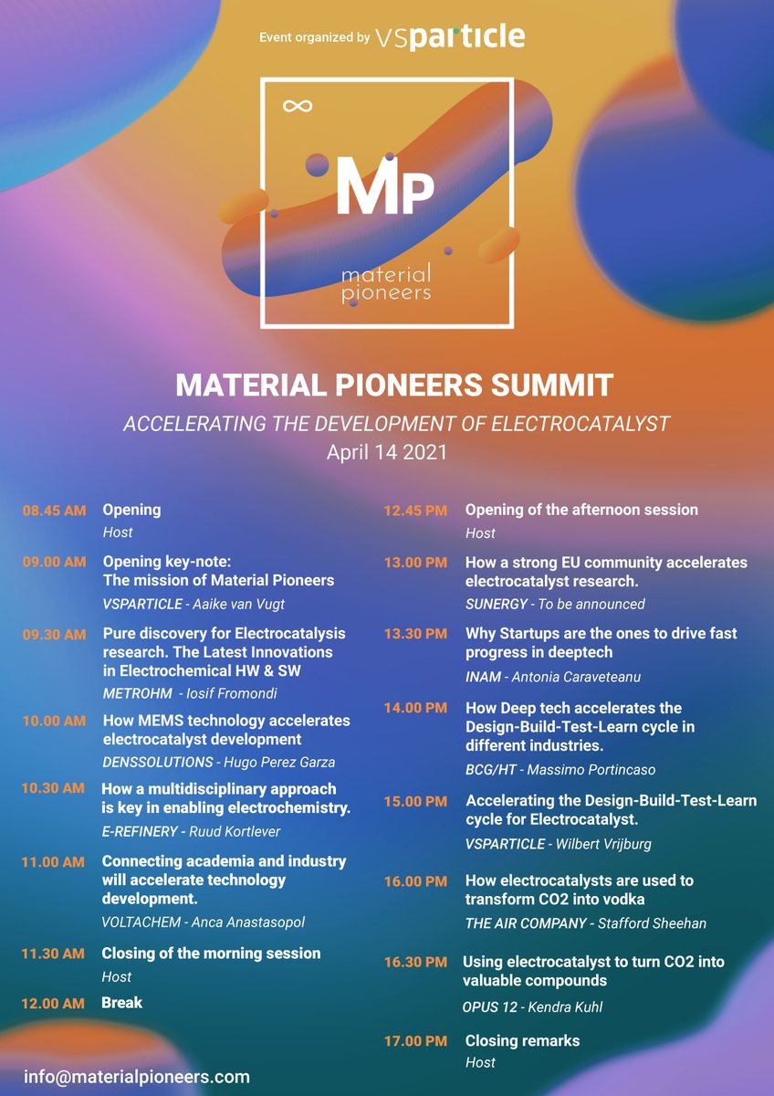 The program for the April 14 Summit is here! 🚀
There will be many inspiring speakers and topics, we can't wait to hear about their technologies and innovations.
You can register here with just a few clicks: bit.ly/31n9pYI

#ElectrocatalystSummit2021 
#catalysis
