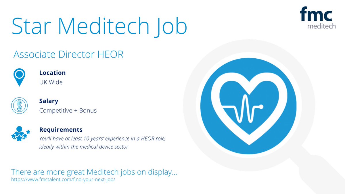 This weeks' star Meditech Job is...

🌟Associate Director HEOR🌟

📍UK Wide
💰Competitive Salary + Bonus

Do you have at least 10 years’ #experience in a #HEOR role and are looking for the next step in your #career?

Apply here: fmctalent.com/fmc-jobs/assoc…

#Meditech #opentowork