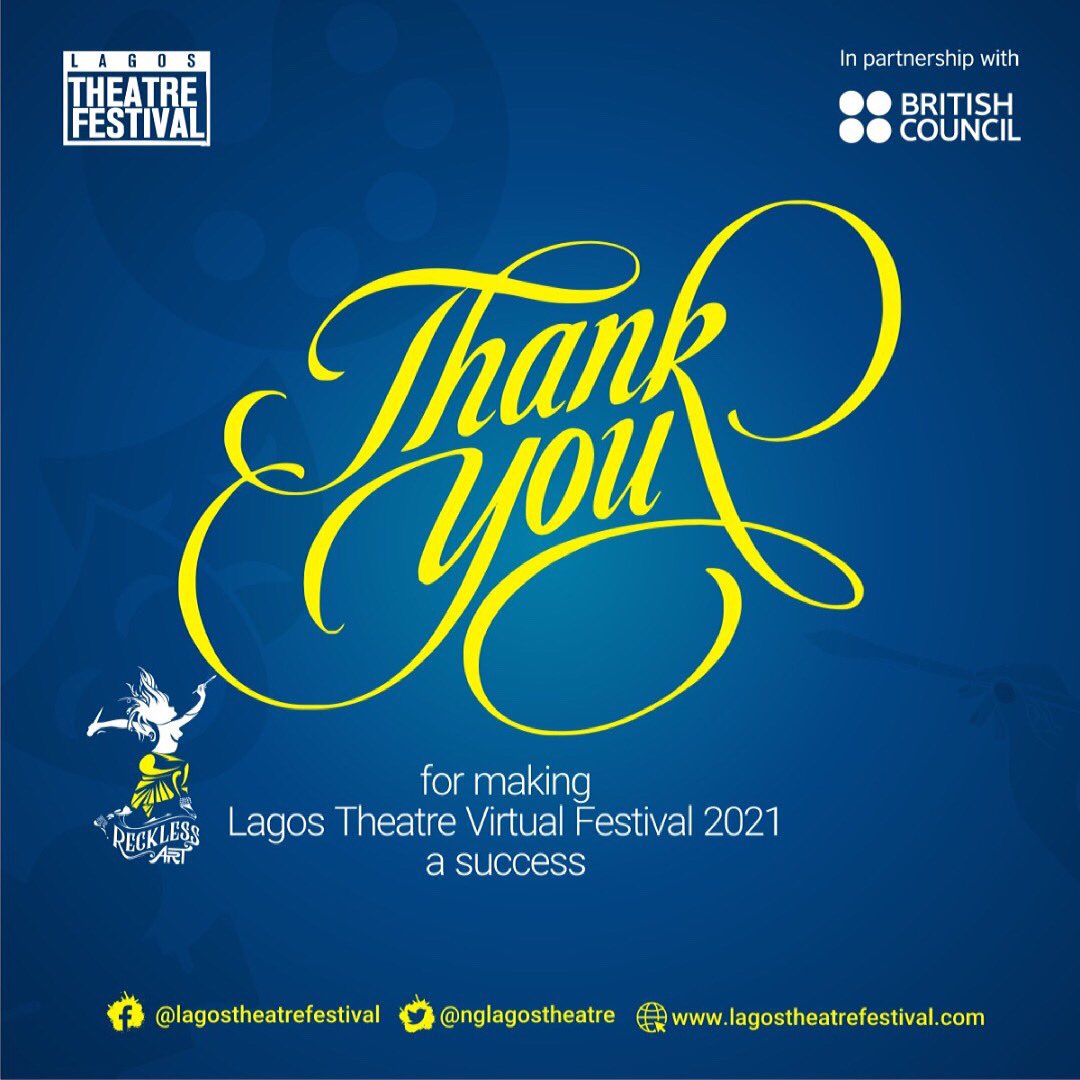 nglagostheatre's tweet photo. To you,
The audience,
The friends of the festival,
The ones who buy tickets,
The ones who share publicity materials,
The ones who attend workshops,
The fam, the fan, the team ππΏππΏ
Thank you all ππΏππΏ
See you at #LTF2022β
β
#RecklessArt
#LagosTheatreFestival
#LTF2021 https://t.co/KgePRjnksJ