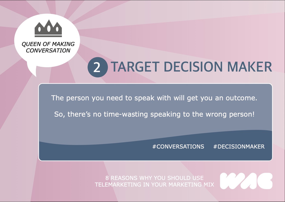 wagassoc's tweet photo. With telemarketing, it's easy to target the correct person to speak to. If you ask to speak to the decision-maker, you're already one step closer. Another #TopTipsByWAG in the series of why you should use telemarketing in your marketing mix.
#decisionmaker #conversationscount https://t.co/W5KdP44lhe