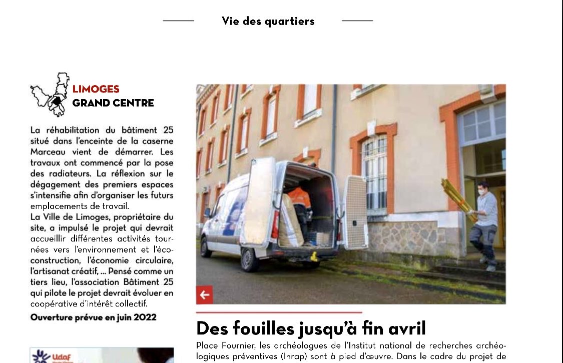 #Marceau à la revue (de presse) dans Vivre à Limoges ! Le magazine municipal ⁦<a href="/VilleLimoges87/">Ville de Limoges</a>⁩ consacre une brève d’importance au début des travaux dans le #TiersLieu