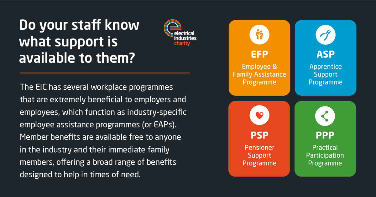 electriccharity's tweet photo. Our Employee Assistance Programmes can help you in your time of need with legal, emotional or financial assistance. Not only this, our support is available to anyone within the industry. https://t.co/BcCF0G7Mgg #ElectricalCharity #AssistanceProgrammes https://t.co/HznoKjSlVq