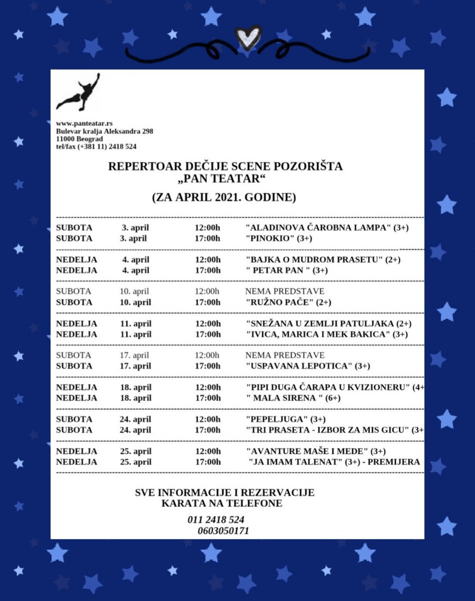 PTeatar's tweet photo. Repertoar u aprilu!
Informacije i rezervacije na broj:
011/2418-524
060/3050-171

#pozoristepanteatar #kultura #pozoriste #pozoristezadecu #decijepozoriste #predstavazadecu #predstava #repertoar #beogradzadecu #gdezavikend #upozoriste #upanteatar #deca #decasuukrassveta #srbija https://t.co/AEZ5CLbKKe