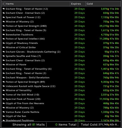 tsnwow's tweet photo. 570.056g in #dailymailbox
Consumables with a slight twist of getting into the legendary market with some rank 1 Letherworking crafts.
Very excited to see how we can further rank up whilst making bank!
#wowgold #goldmaking #worldofwarcraft https://t.co/RzrwnrVMrl
