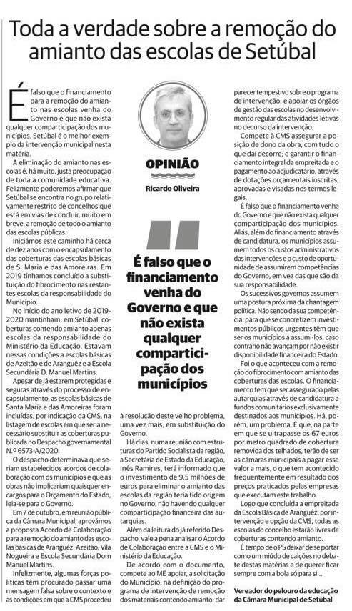 dores_meira's tweet photo. Como escreve o vereador Ricardo Oliveira, em artigo publicado nesta segunda-feira no jornal “O Setubalense”, “é falso que o financiamento [para a remoção do amianto nas escolas] venha do Governo e que não exista qualquer comparticipação dos municípios”. https://t.co/MueCyk9VVi