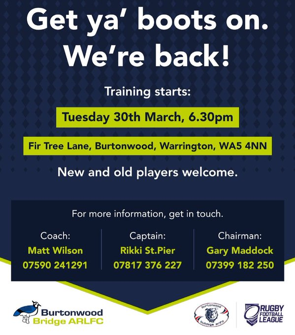BwoodBridgeRFL's tweet image. Tomorrow night sees a return to training for the Bridge OA side. 

We've a new coach in former Bridge player Matty Wilson, but the same core group of lads. 

It's still not too late if you're interested in playing! 

#AcceptNoImmitations #BurtonwoodBridge #StillHere 🙌#PleaseRT