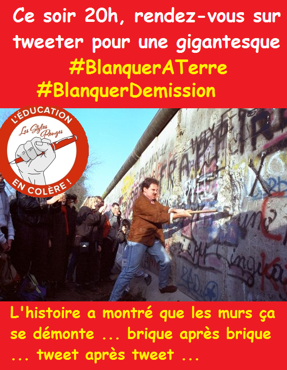 MathsRouge's tweet photo. Ce soir 20h, c'est simple tu tweet : 
#BlanquerATerre  #BlanquerDemission
puis tu like, tweet et retweet les #BlanquerATerre  #BlanquerDemission des autres ...

"All in all it was all just bricks in the wall"

On arrache la mauvaise brique de notre mur !
@stylos_les https://t.co/5caedA8T4y