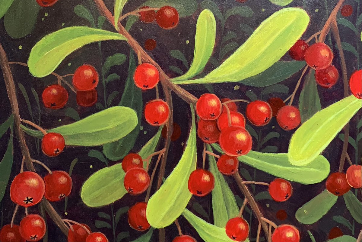 parkerparrella's tweet image. Here’s the last of the series (for now): #Firethorn🍒
This one is also 17”x17” on some more reclaimed MDF board I picked up at the used art supply store! Im so in love with the background in this piece! 
Im so proud of how this whole series developed across the past few months!🌿