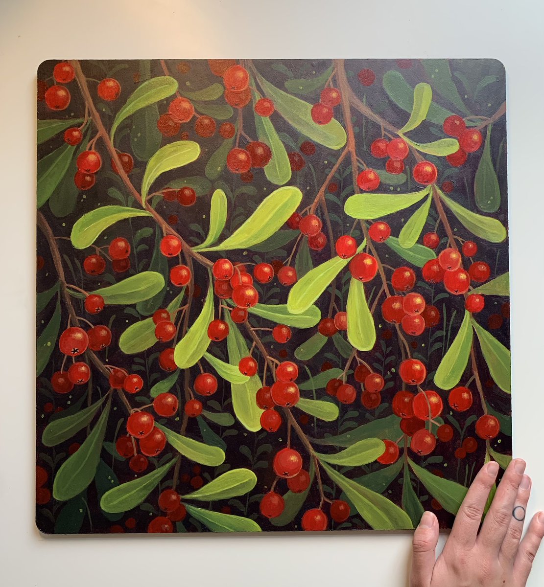 parkerparrella's tweet image. Here’s the last of the series (for now): #Firethorn🍒
This one is also 17”x17” on some more reclaimed MDF board I picked up at the used art supply store! Im so in love with the background in this piece! 
Im so proud of how this whole series developed across the past few months!🌿
