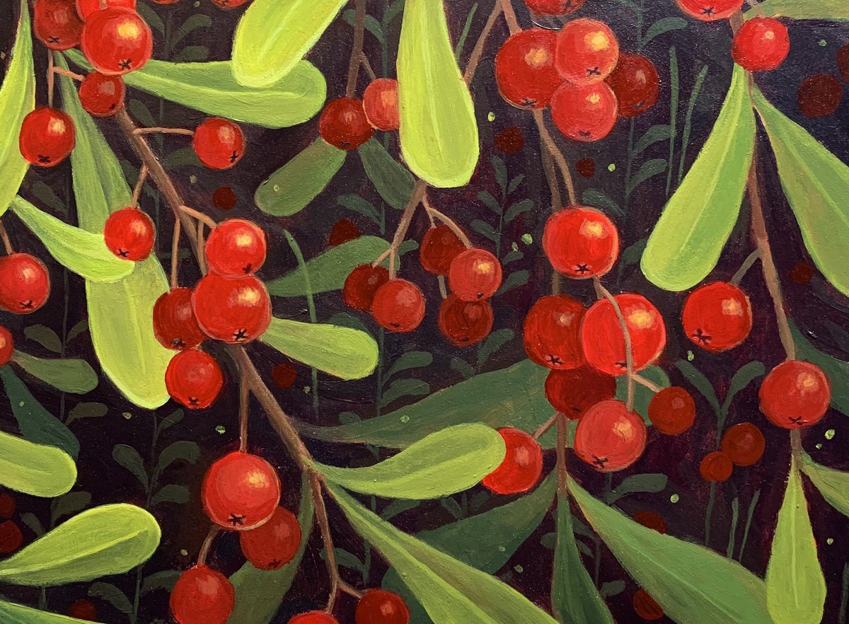 parkerparrella's tweet image. Here’s the last of the series (for now): #Firethorn🍒
This one is also 17”x17” on some more reclaimed MDF board I picked up at the used art supply store! Im so in love with the background in this piece! 
Im so proud of how this whole series developed across the past few months!🌿