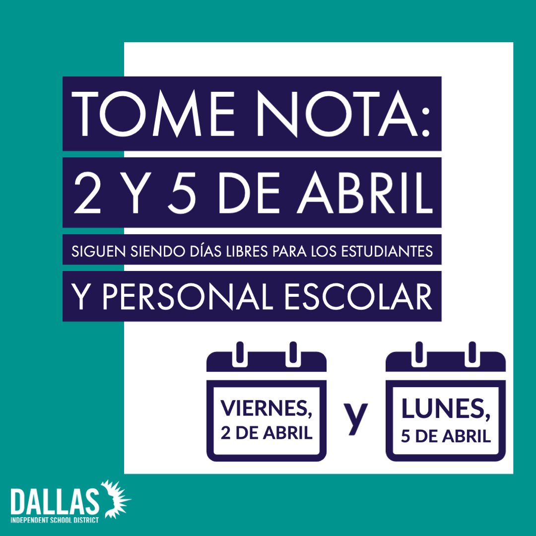 dallasschools's tweet photo. This Friday, April 2 and next Monday, April 5 will remain inclement weather off days for students and campus staff. These will be regular work days for Central Staff. https://t.co/pHdQFTKYdn