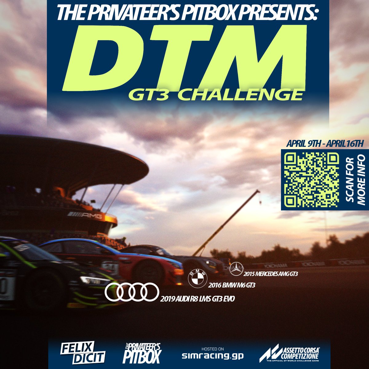 the_pitbox's tweet photo. Our next championship: the DTM GT3 Challenge! 2 nights, 4 races, 3 cars, 1 winner. And... 1 constructors winner?! 
Choose your marque, Audi, BMW or Mercedes and help carry your favorite to the top! 
Full info: https://t.co/AgfJqdmunO or scan the QR-code and register now! 🏎️🏁 https://t.co/mrFEwrPAd1