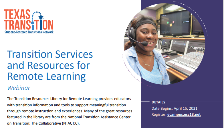 R11Transition's tweet photo. Mark Your Calendars!
The Student-Centered Transitions Network will provide information from NTACT:C about supporting students with transition services through remote learning options. Don't miss these strategies and resources! 
Register: https://t.co/abTVekmybr https://t.co/rh2vSSfgAk