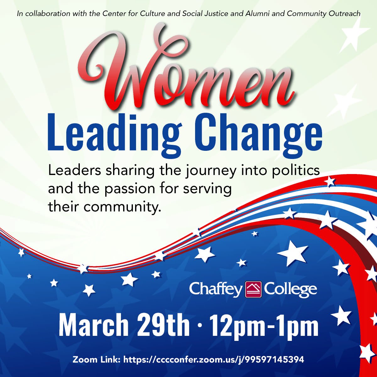 Chaffey College (@chaffeycollege) on Twitter photo Celebrate women in politics today at noon in our "Women Leading Change" webinar, featuring:
- Vanessa Wiarco, representative for <a href="/SenatorLeyva/">Connie Leyva</a>
- Stephanie Serrano, school board member for the <a href="/hlpusd/">Hacienda La Puente USD</a>
- Lynne Kennedy, mayor pro tem for <a href="/CityOfRC/">Rancho Cucamonga</a>
​​Zoom: cccconfer.zoom.us/j/99597145394 Celebrate women in politics today at noon in our "Women Leading Change" webinar, featuring:
- Vanessa Wiarco, representative for <a href="/SenatorLeyva/">Connie Leyva</a>
- Stephanie Serrano, school board member for the <a href="/hlpusd/">Hacienda La Puente USD</a>
- Lynne Kennedy, mayor pro tem for <a href="/CityOfRC/">Rancho Cucamonga</a>
​​Zoom: cccconfer.zoom.us/j/99597145394