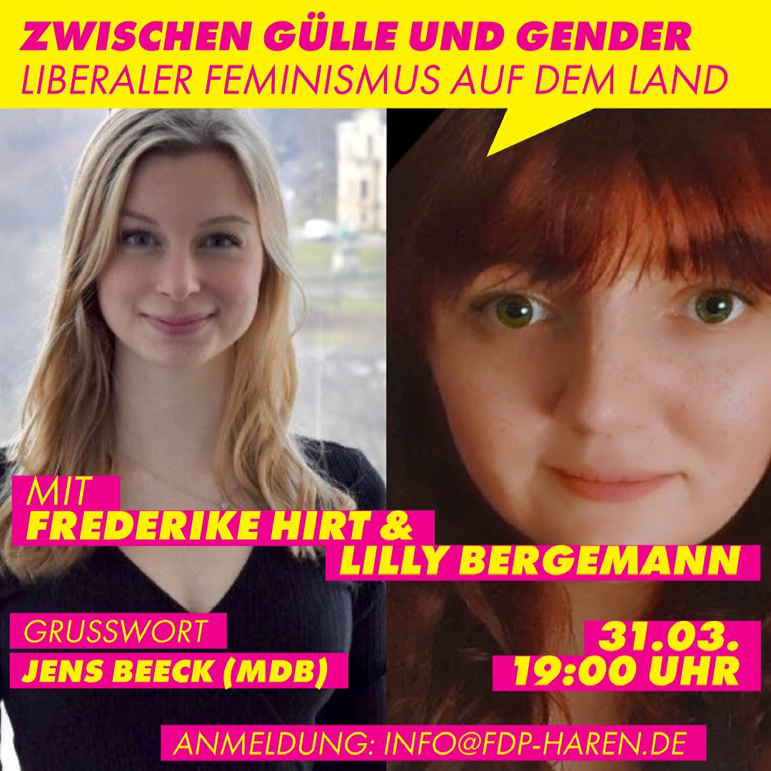 FdpHaren's tweet photo. Erinnerung an &amp; herzliche Einladung zu unserer Diskussion zu liberalem #Feminismus mit Frederike Hirt und Lilly Bergemann! @DerFrauen @fdp_nds @fdpfraktionnds @fdpsuedlichesel @fdp_osnabrueck @FdpLeer @EmslandFdp #Identitaetspolitik https://t.co/vIOoWA2Ky4
