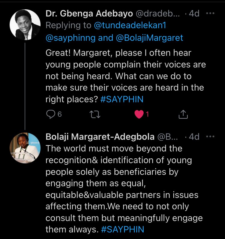“Young people should be seen as equal, equitable and valuable partners in issues affecting them”.

Highlights from last week’s #tweetchat with @dr_babatundeadelekan, <a href="/bolajimargaret/">Bolaji Margaret-Adegbola</a> and <a href="/dradebayo/">Dr. Gbenga Adebayo</a> Don’t miss our next edition coming up in #april #SAYPHIN

#adolescentes