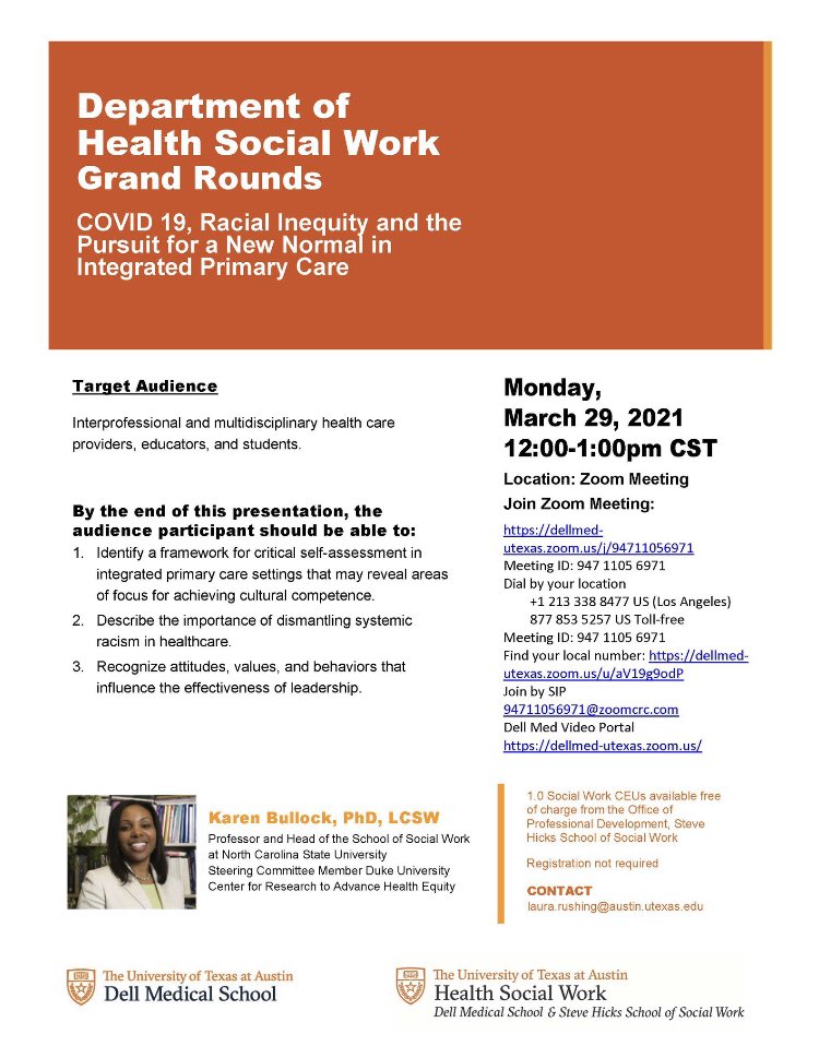 #SocialWorkMonth #integrated #primarycare #seriuosillnesscare #healthyequity <a href="/DellMedSchool/">Dell Medical School</a> #grandrounds #SocialWorkTwitter <a href="/NCStateSW/">NC State Social Work</a> Thanks Dr. @barbaralnjones #swhpn
