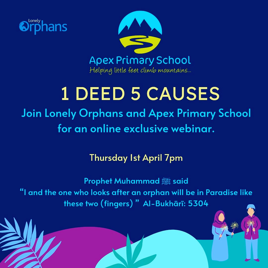 apexprimary's tweet photo. Ramadan exclusive.  Join us this Thursday at 7pm.
Topic: Lonely Orphans - Apex Primary
Time: Apr 1, 2021 07:00 PM London
Join Zoom Meeting
https://t.co/RnocXKEAXH
Meeting ID: 863 0704 5241
Passcode: DcenU2

#Ramadan #LaunchGood #1deed5causes #ramadanchallenge #LonelyOrphans https://t.co/TREHVb5nB9