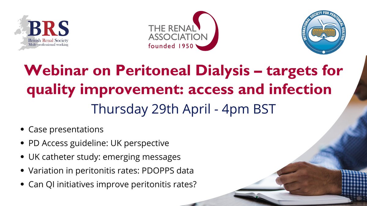 The RA &amp; <a href="/BritRenalSoc/">BritishRenalSociety</a> have joined forces with <a href="/ISPD1/">Int. Soc. for Peritoneal Dialysis</a> for a new webinar led by @EdwinaB23513542 &amp; <a href="/markrlambie/">Mark Lambie</a>

#PeritonealDialysis – targets for quality improvement: access &amp; infection

29th April @ 4pm 

Register for free: us02web.zoom.us/webinar/regist…